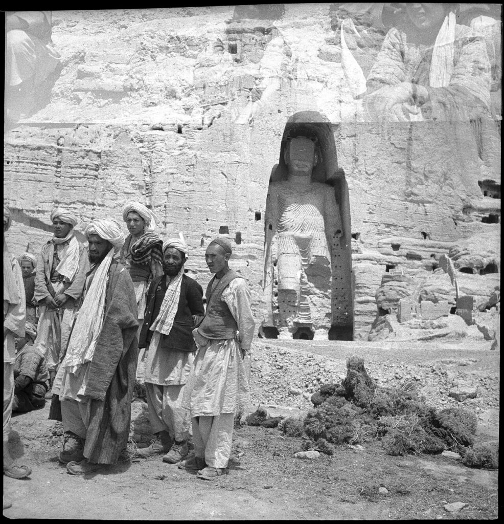 Black and white photo of one of the Bamiyan Buddhas, 1939-1940