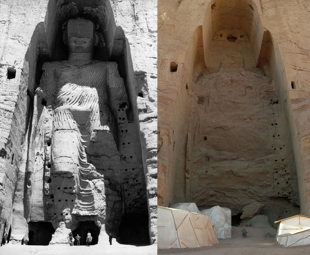 A side-by-side comparison of an image of the larger of the two Buddhas, with the niche after the Buddha was destroyed.